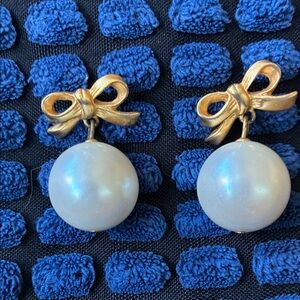 Gold Bow Faux Large Pearl Drop Earrings - Classic Women Jewelry